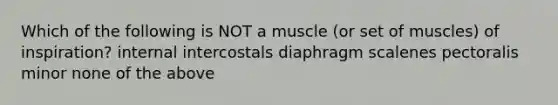 Which of the following is NOT a muscle (or set of muscles) of inspiration? internal intercostals diaphragm scalenes pectoralis minor none of the above