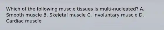 Which of the following muscle tissues is multi-nucleated? A. Smooth muscle B. Skeletal muscle C. Involuntary muscle D. Cardiac muscle