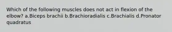 Which of the following muscles does not act in flexion of the elbow? a.Biceps brachii b.Brachioradialis c.Brachialis d.Pronator quadratus