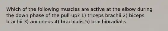 Which of the following muscles are active at the elbow during the down phase of the pull-up? 1) triceps brachii 2) biceps brachii 3) anconeus 4) brachialis 5) brachioradialis