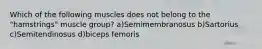 Which of the following muscles does not belong to the "hamstrings" muscle group? a)Semimembranosus b)Sartorius c)Semitendinosus d)biceps femoris