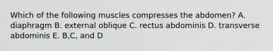 Which of the following muscles compresses the abdomen? A. diaphragm B. external oblique C. rectus abdominis D. transverse abdominis E. B,C, and D