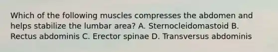 Which of the following muscles compresses the abdomen and helps stabilize the lumbar area? A. Sternocleidomastoid B. Rectus abdominis C. Erector spinae D. Transversus abdominis