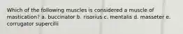 Which of the following muscles is considered a muscle of mastication? a. buccinator b. risorius c. mentalis d. masseter e. corrugator supercilii