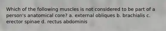 Which of the following muscles is not considered to be part of a person's anatomical core? a. external obliques b. brachialis c. erector spinae d. rectus abdominis