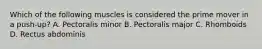 Which of the following muscles is considered the prime mover in a push-up? A. Pectoralis minor B. Pectoralis major C. Rhomboids D. Rectus abdominis