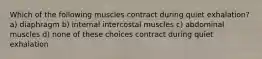 Which of the following muscles contract during quiet exhalation? a) diaphragm b) internal intercostal muscles c) abdominal muscles d) none of these choices contract during quiet exhalation