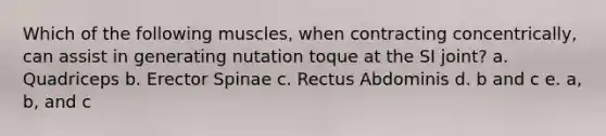 Which of the following muscles, when contracting concentrically, can assist in generating nutation toque at the SI joint? a. Quadriceps b. Erector Spinae c. Rectus Abdominis d. b and c e. a, b, and c