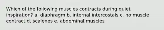 Which of the following muscles contracts during quiet inspiration? a. diaphragm b. internal intercostals c. no muscle contract d. scalenes e. abdominal muscles