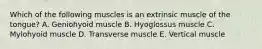 Which of the following muscles is an extrinsic muscle of the tongue? A. Geniohyoid muscle B. Hyoglossus muscle C. Mylohyoid muscle D. Transverse muscle E. Vertical muscle