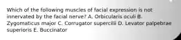 Which of the following muscles of facial expression is not innervated by the facial nerve? A. Orbicularis oculi B. Zygomaticus major C. Corrugator supercilii D. Levator palpebrae superioris E. Buccinator