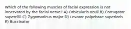 Which of the following muscles of facial expression is not innervated by the facial nerve? A) Orbicularis oculi B) Corrugator supercilii C) Zygomaticus major D) Levator palpebrae superioris E) Buccinator