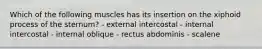 Which of the following muscles has its insertion on the xiphoid process of the sternum? - external intercostal - internal intercostal - internal oblique - rectus abdominis - scalene