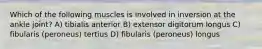 Which of the following muscles is involved in inversion at the ankle joint? A) tibialis anterior B) extensor digitorum longus C) fibularis (peroneus) tertius D) fibularis (peroneus) longus