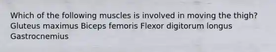 Which of the following muscles is involved in moving the thigh? Gluteus maximus Biceps femoris Flexor digitorum longus Gastrocnemius