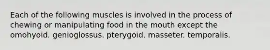 Each of the following muscles is involved in the process of chewing or manipulating food in the mouth except the omohyoid. genioglossus. pterygoid. masseter. temporalis.