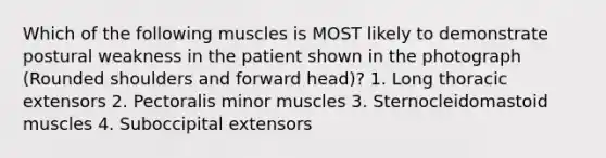 Which of the following muscles is MOST likely to demonstrate postural weakness in the patient shown in the photograph (Rounded shoulders and forward head)? 1. Long thoracic extensors 2. Pectoralis minor muscles 3. Sternocleidomastoid muscles 4. Suboccipital extensors