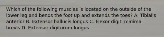 Which of the following muscles is located on the outside of the lower leg and bends the foot up and extends the toes? A. Tibialis anterior B. Extensor hallucis longus C. Flexor digiti minimal brevis D. Extensor digitorum longus