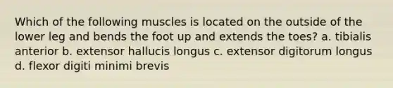 Which of the following muscles is located on the outside of the lower leg and bends the foot up and extends the toes? a. tibialis anterior b. extensor hallucis longus c. extensor digitorum longus d. flexor digiti minimi brevis