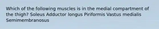 Which of the following muscles is in the medial compartment of the thigh? Soleus Adductor longus Piriformis Vastus medialis Semimembranosus