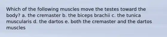 Which of the following muscles move the testes toward the body? a. the cremaster b. the biceps brachii c. the tunica muscularis d. the dartos e. both the cremaster and the dartos muscles