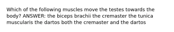 Which of the following muscles move the testes towards the body? ANSWER: the biceps brachii the cremaster the tunica muscularis the dartos both the cremaster and the dartos