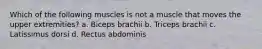 Which of the following muscles is not a muscle that moves the upper extremities? a. Biceps brachii b. Triceps brachii c. Latissimus dorsi d. Rectus abdominis