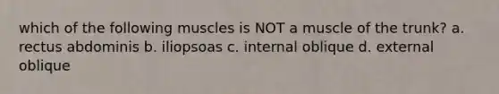 which of the following muscles is NOT a muscle of the trunk? a. rectus abdominis b. iliopsoas c. internal oblique d. external oblique