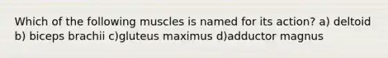 Which of the following muscles is named for its action? a) deltoid b) biceps brachii c)gluteus maximus d)adductor magnus