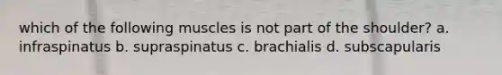 which of the following muscles is not part of the shoulder? a. infraspinatus b. supraspinatus c. brachialis d. subscapularis