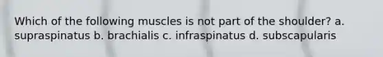 Which of the following muscles is not part of the shoulder? a. supraspinatus b. brachialis c. infraspinatus d. subscapularis
