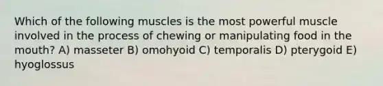 Which of the following muscles is the most powerful muscle involved in the process of chewing or manipulating food in the mouth? A) masseter B) omohyoid C) temporalis D) pterygoid E) hyoglossus