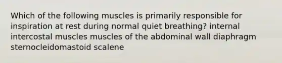 Which of the following muscles is primarily responsible for inspiration at rest during normal quiet breathing? internal intercostal muscles muscles of the abdominal wall diaphragm sternocleidomastoid scalene