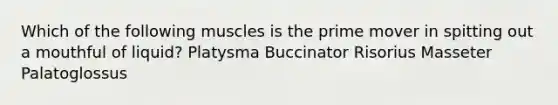 Which of the following muscles is the prime mover in spitting out a mouthful of liquid? Platysma Buccinator Risorius Masseter Palatoglossus