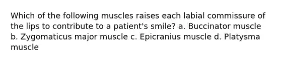 Which of the following muscles raises each labial commissure of the lips to contribute to a patient's smile? a. Buccinator muscle b. Zygomaticus major muscle c. Epicranius muscle d. Platysma muscle