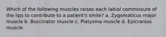 Which of the following muscles raises each labial commissure of the lips to contribute to a patient's smile? a. Zygomaticus major muscle b. Buccinator muscle c. Platysma muscle d. Epicranius muscle