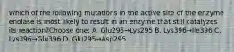 Which of the following mutations in the active site of the enzyme enolase is most likely to result in an enzyme that still catalyzes its reaction?Choose one: A. Glu295→Lys295 B. Lys396→Ile396 C. Lys396→Glu396 D. Glu295→Asp295