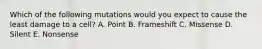Which of the following mutations would you expect to cause the least damage to a cell? A. Point B. Frameshift C. Missense D. Silent E. Nonsense