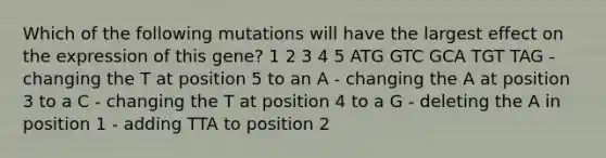 Which of the following mutations will have the largest effect on the expression of this gene? 1 2 3 4 5 ATG GTC GCA TGT TAG - changing the T at position 5 to an A - changing the A at position 3 to a C - changing the T at position 4 to a G - deleting the A in position 1 - adding TTA to position 2