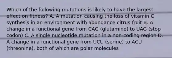 Which of the following mutations is likely to have the largest effect on fitness? A. A mutation causing the loss of vitamin C synthesis in an environment with abundance citrus fruit B. A change in a functional gene from CAG (glutamine) to UAG (stop codon) C. A single nucleotide mutation in a non-coding region D. A change in a functional gene from UCU (serine) to ACU (threonine), both of which are polar molecules