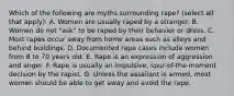 Which of the following are myths surrounding rape? (select all that apply): A. Women are usually raped by a stranger. B. Women do not "ask" to be raped by their behavior or dress. C. Most rapes occur away from home areas such as alleys and behind buildings. D. Documented rape cases include women from 8 to 70 years old. E. Rape is an expression of aggression and anger. F. Rape is usually an impulsive, spur-of-the-moment decision by the rapist. G. Unless the assailant is armed, most women should be able to get away and avoid the rape.