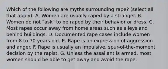 Which of the following are myths surrounding rape? (select all that apply): A. Women are usually raped by a stranger. B. Women do not "ask" to be raped by their behavior or dress. C. Most rapes occur away from home areas such as alleys and behind buildings. D. Documented rape cases include women from 8 to 70 years old. E. Rape is an expression of aggression and anger. F. Rape is usually an impulsive, spur-of-the-moment decision by the rapist. G. Unless the assailant is armed, most women should be able to get away and avoid the rape.