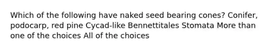 Which of the following have naked seed bearing cones? Conifer, podocarp, red pine Cycad-like Bennettitales Stomata More than one of the choices All of the choices