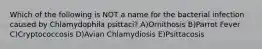 Which of the following is NOT a name for the bacterial infection caused by Chlamydophila psittaci? A)Ornithosis B)Parrot Fever C)Cryptococcosis D)Avian Chlamydiosis E)Psittacosis