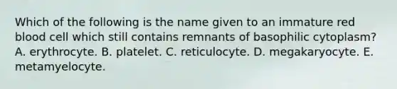 Which of the following is the name given to an immature red blood cell which still contains remnants of basophilic cytoplasm? A. erythrocyte. B. platelet. C. reticulocyte. D. megakaryocyte. E. metamyelocyte.