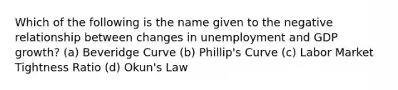 Which of the following is the name given to the negative relationship between changes in unemployment and GDP growth? (a) Beveridge Curve (b) Phillip's Curve (c) Labor Market Tightness Ratio (d) Okun's Law