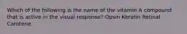 Which of the following is the name of the vitamin A compound that is active in the visual response? Opsin Keratin Retinal Carotene