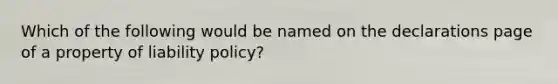 Which of the following would be named on the declarations page of a property of liability policy?