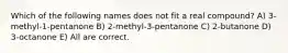 Which of the following names does not fit a real compound? A) 3-methyl-1-pentanone B) 2-methyl-3-pentanone C) 2-butanone D) 3-octanone E) All are correct.