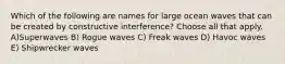 Which of the following are names for large ocean waves that can be created by constructive interference? Choose all that apply. A)Superwaves B) Rogue waves C) Freak waves D) Havoc waves E) Shipwrecker waves